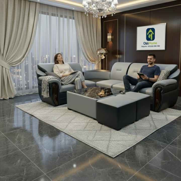 . Obli Mono L-Shape Structured Leather Sofa OBLI-1000